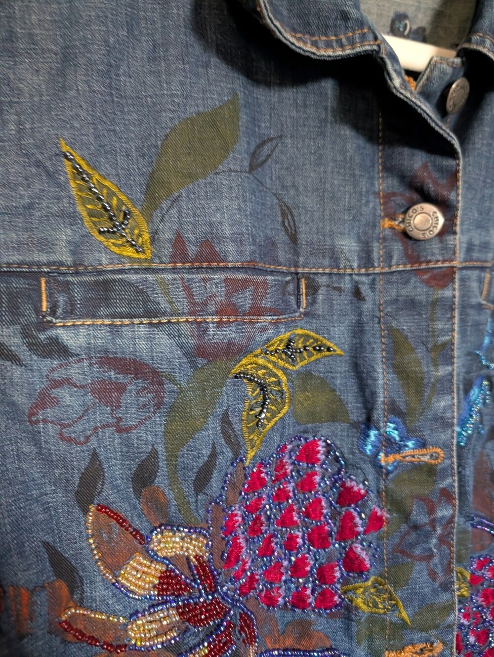 Chico's Embroidered Blue Denim Jacket with Multicolor Floral Accents Size 1 - Picture 7 of 9